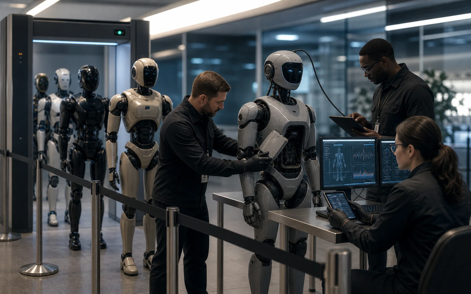 Security professionals inspect AI agent robots at a controlled checkpoint.